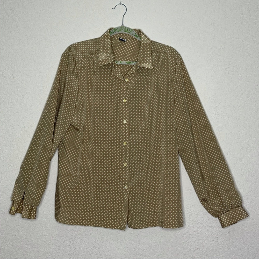 Ms.Russ tan white polka dot button down
